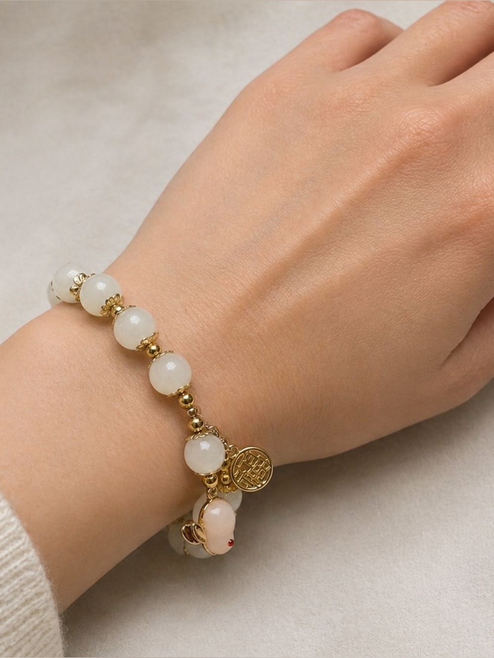 White Beaded Gold-Accent Charm Stretch Bracelet